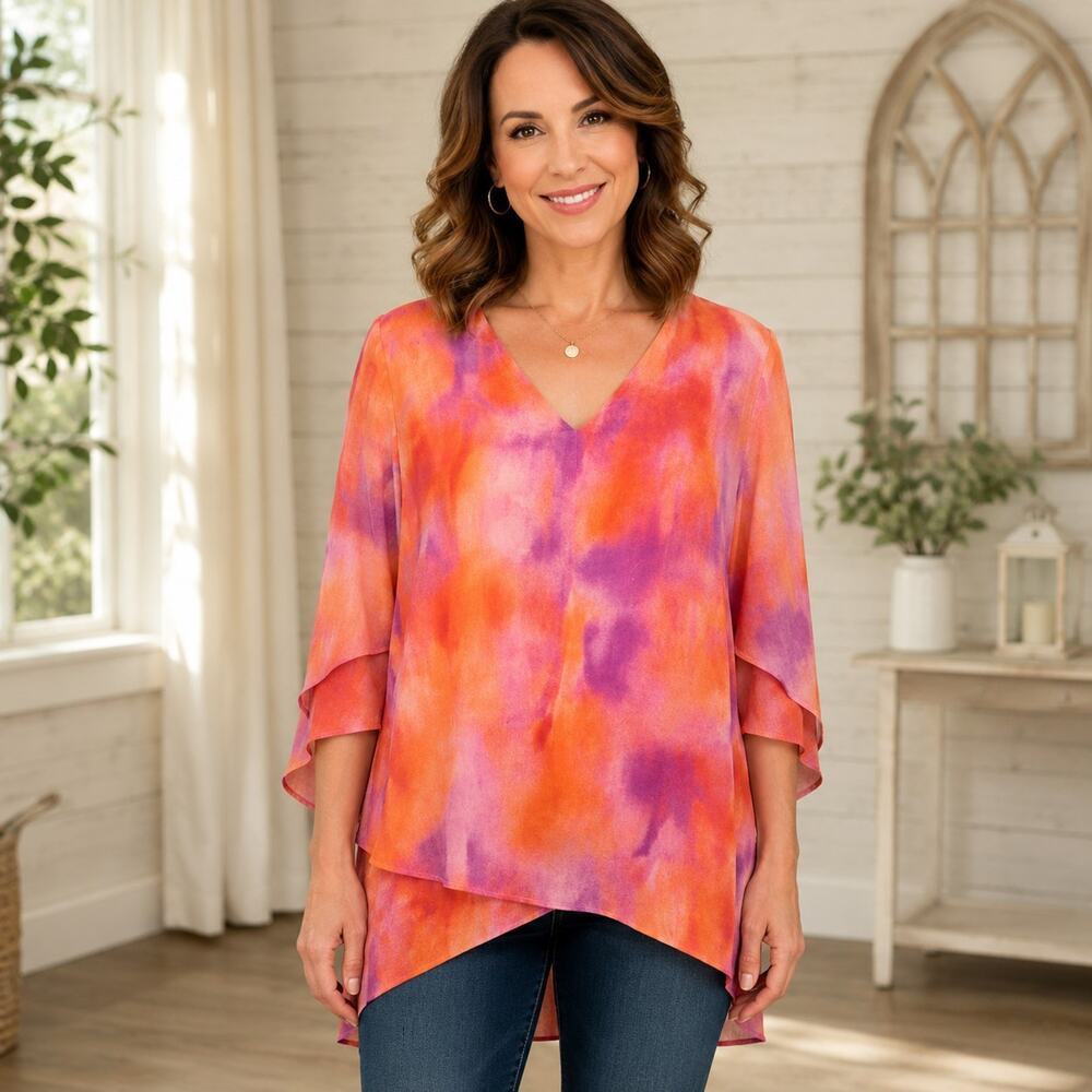 BEAUTIFUL Lawrence Zarian Blouse L Pink Orange Tie Dye V Neck Hi Low Georgette